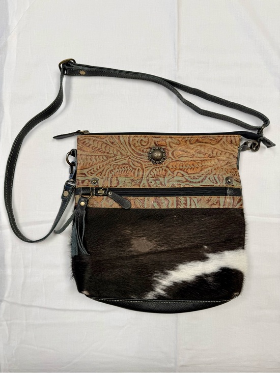 Myra Bag Handbags - Myna Bag Hair On Hide Leather Crossbody Purse Boho Western Cowhide Black Tan